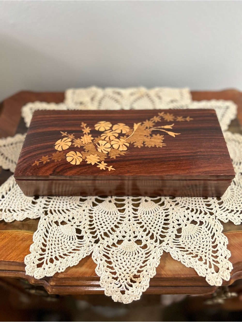 Vintage Wooden Inlaid Floral Jewelry or Trinket Hinged Box. Made in India
